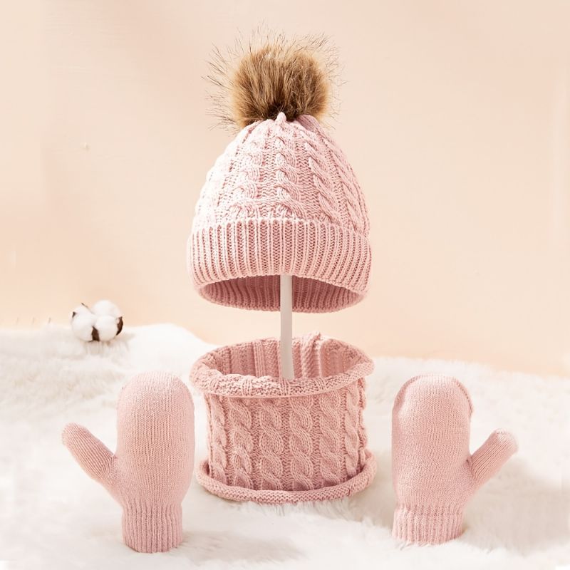 3stk Kid Strikket Beanie Lue Hansker Votter Skjerf Sett Varm Vinter Dobbel Pom Pom Cap For Gutter Jenter