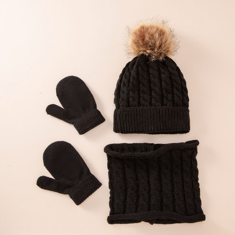 3stk Kid Strikket Beanie Lue Hansker Votter Skjerf Sett Varm Vinter Dobbel Pom Pom Cap For Gutter Jenter