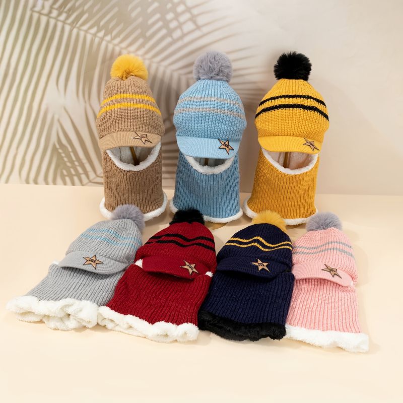 Barn Fleece Varm Strikket Cap Hals Ansiktsbeskyttelse Babylue Med Pom Pom Vinter For Gutter Jenter