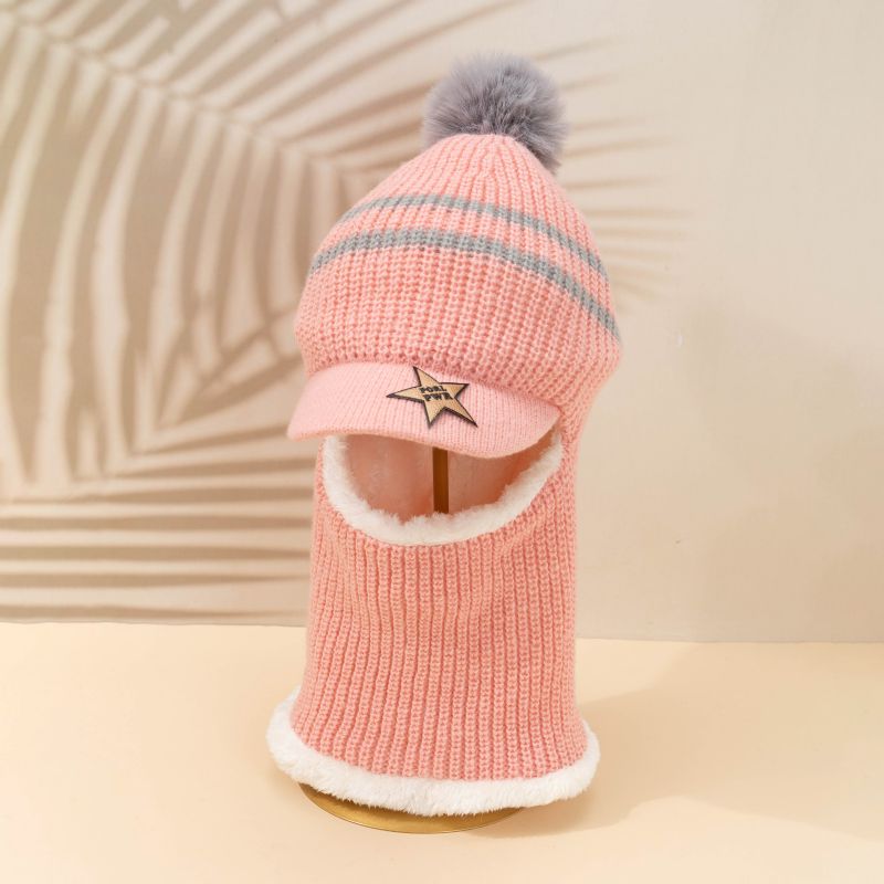 Barn Fleece Varm Strikket Cap Hals Ansiktsbeskyttelse Babylue Med Pom Pom Vinter For Gutter Jenter