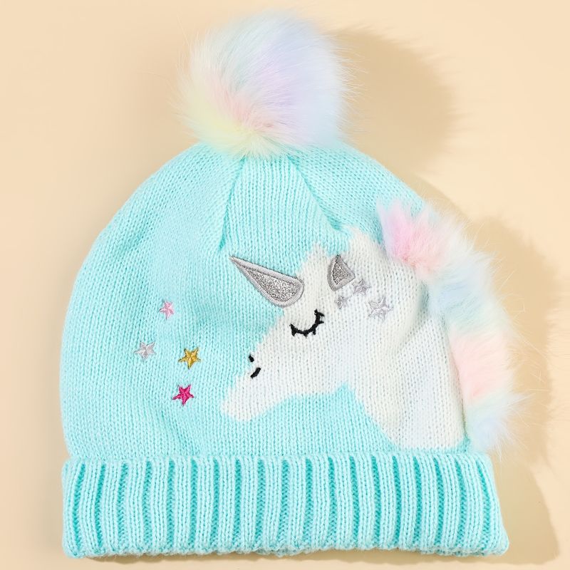 Barn Jenter Varm Cap Unicorn Strikket Lue Med Pom Pom Winter