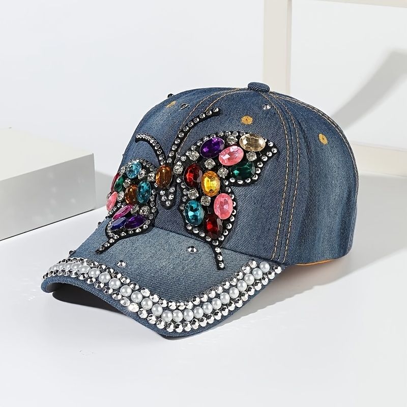 Butterfly Rhinestone Denim Baseball Cap Utendørs Justerbar Casual Style Hat For Kvinner Jenter