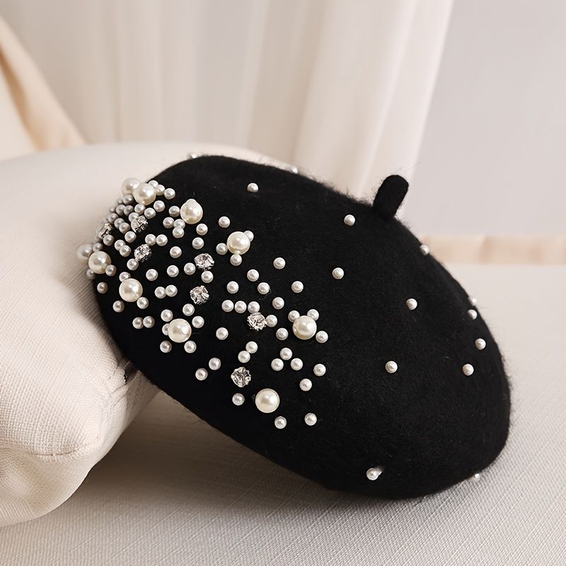 Faux Pearl Rhinestone Beret Vinter Termisk Utendørs Mote Casual Style Hat For Women Jenter