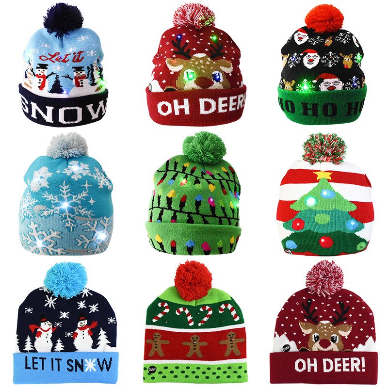 Julelue Strikk Led-lys Lue For Unisex Barn Vinter Pom Pom-luer Feriefest Lue Lue Julegaver Flerfarget