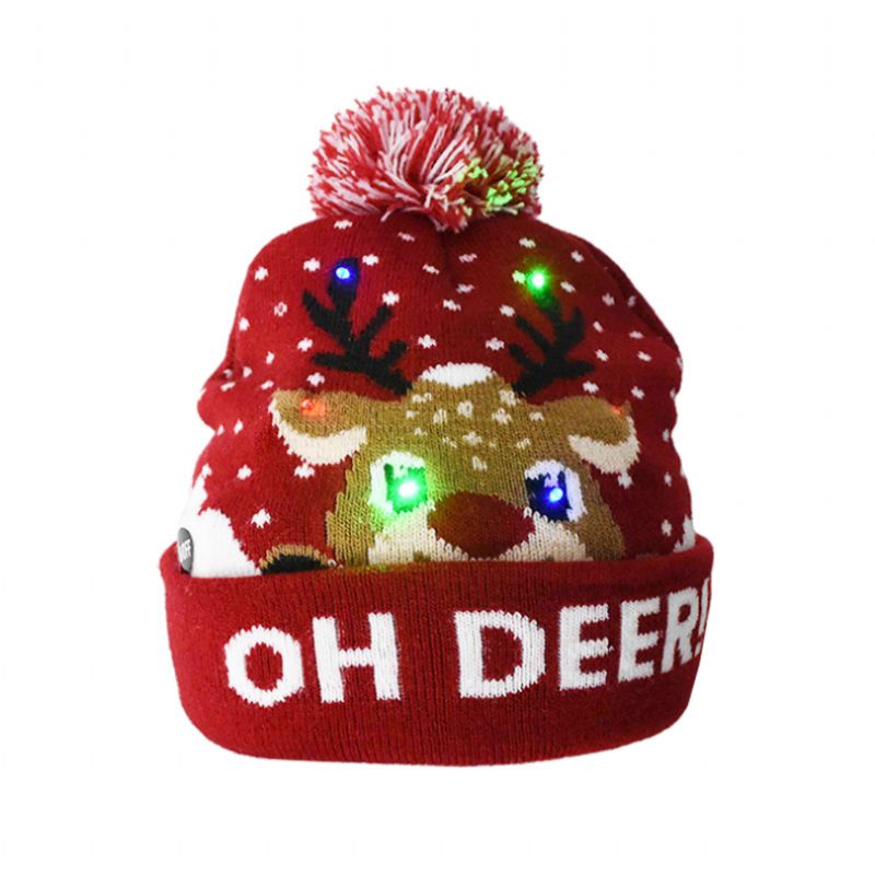 Julelue Strikk Led-lys Lue For Unisex Barn Vinter Pom Pom-luer Feriefest Lue Lue Julegaver Flerfarget