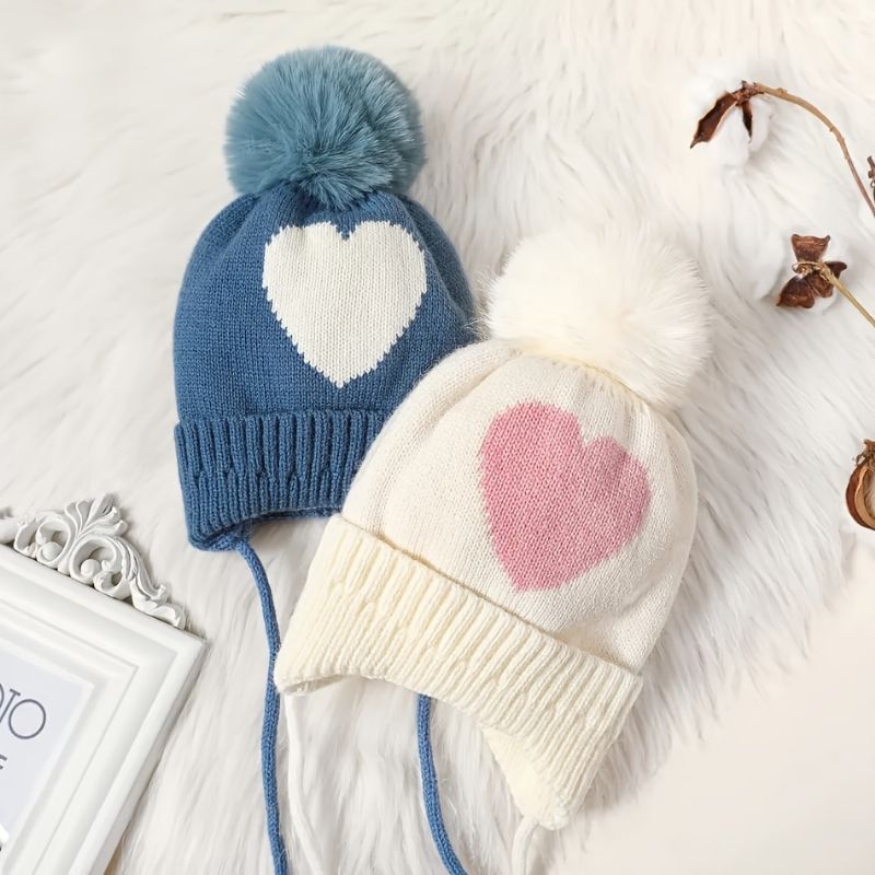 Kids Baby Heart Print Beanie Strikket Lue Med Pom Pom Ører Varm Vinter Jenter Gutter