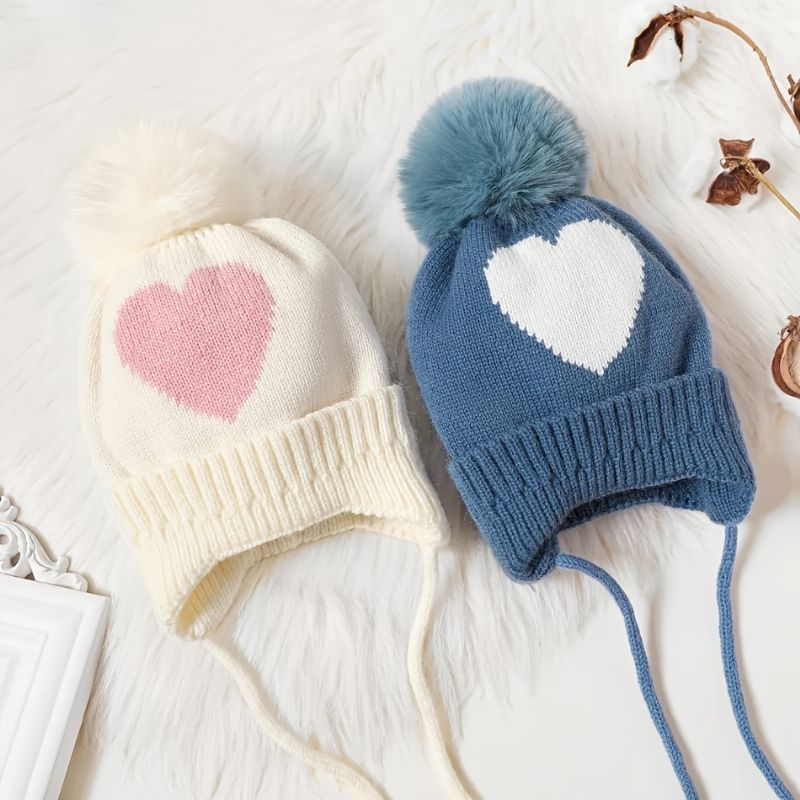 Kids Baby Heart Print Beanie Strikket Lue Med Pom Pom Ører Varm Vinter Jenter Gutter