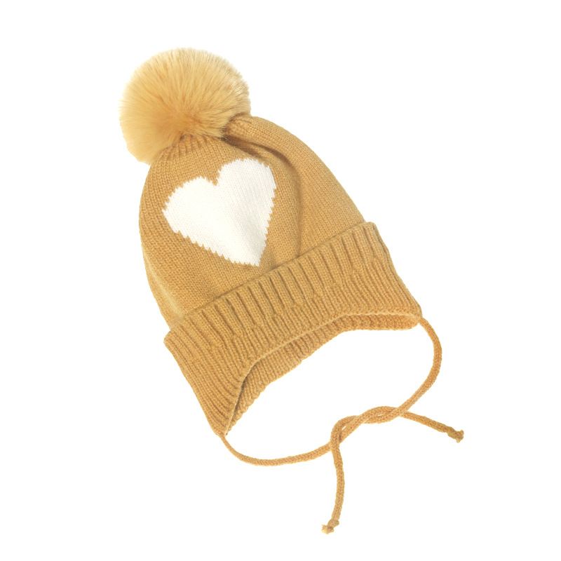 Kids Baby Heart Print Beanie Strikket Lue Med Pom Pom Ører Varm Vinter Jenter Gutter