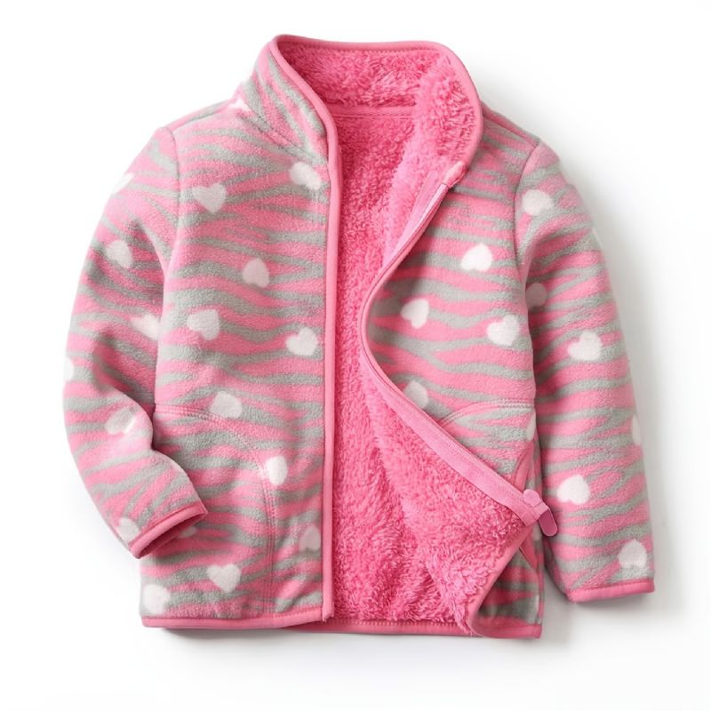 Baby Jenter Leopard Heart Printed Fleecejakke Vinter Varm Frakk Rosa