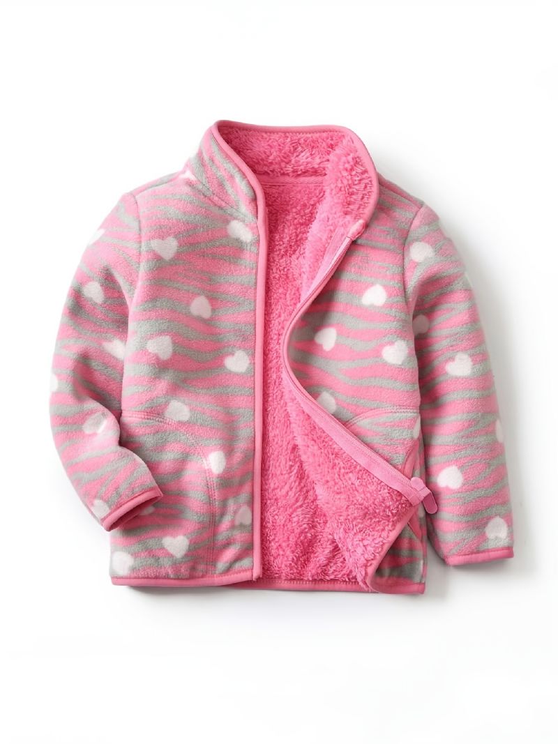 Baby Jenter Leopard Heart Printed Fleecejakke Vinter Varm Frakk Rosa