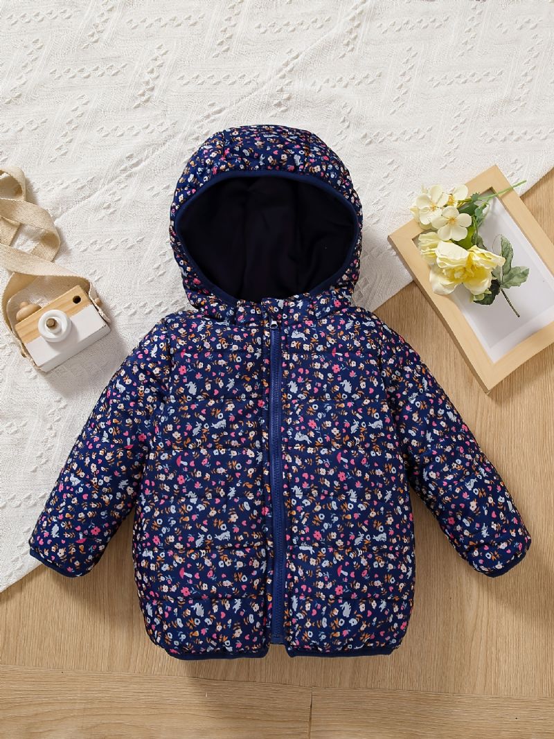 Baby Jenter Puffer Coat Floral Print Glidelås Hettejakke