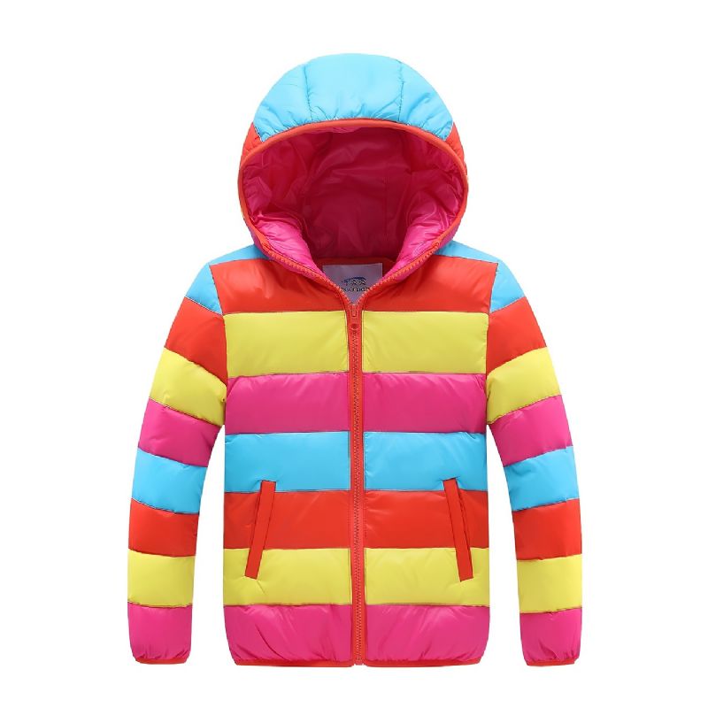 Barnas Rainbow Stripe Down Coat Hetteglidelås Baby Jenter Høst Vinter