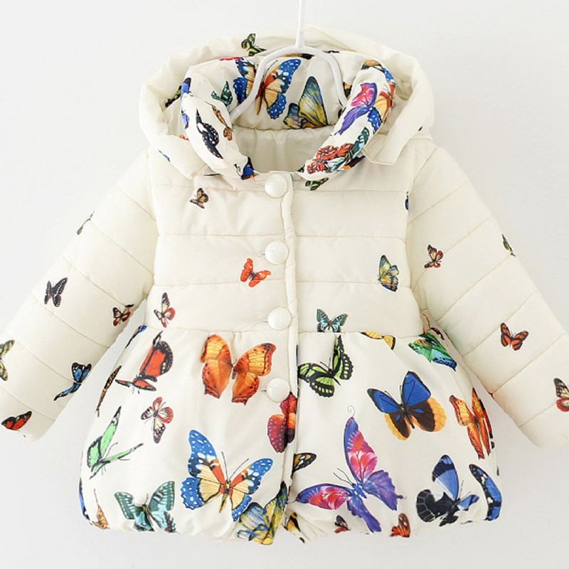 Jente Hette Bomullsjakke Butterfly Print Polstret Jakke