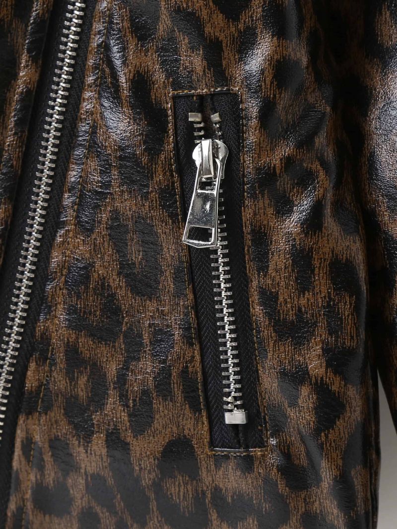 Jenter Lapel Pu Skinnjakke Leopard Glidelåsfrakk Barneklær