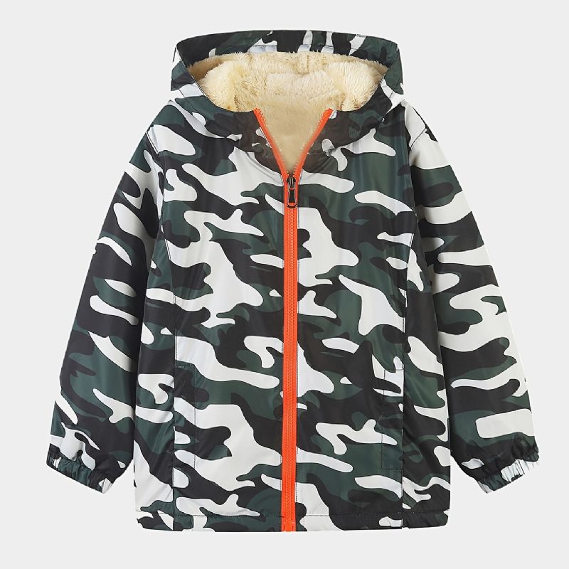 1 Stk Gutter Casual Camouflage Print Glidelås Hettejakke Cardigan Krage Fleece Termisk Jakke Til Vinter