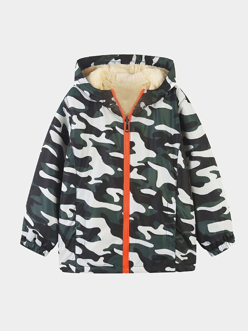 1 Stk Gutter Casual Camouflage Print Glidelås Hettejakke Cardigan Krage Fleece Termisk Jakke Til Vinter