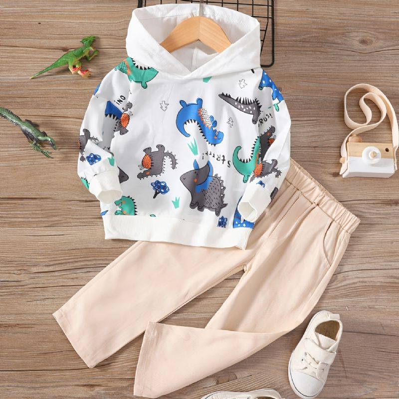 2 Stk Baby Gutter Hettegenser Dinosaur Print Langermet Pullover Genser Og Buksesett Barneklær