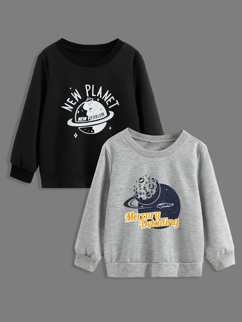 2 Stk Baby Gutter Tegneserie Planet Print Pullover Rundhals Langermet Sweatshirt