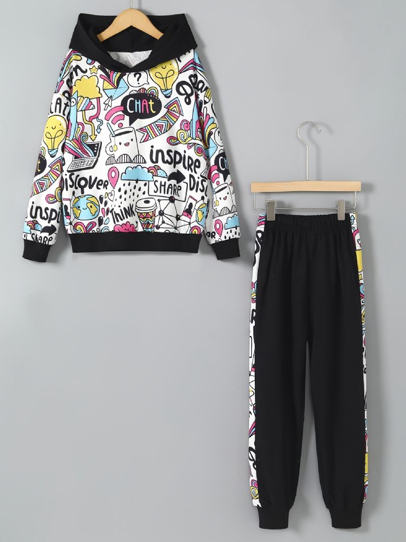 2 Stk Jente Graffiti Print Langermet Hettegenser Sweatshirt Elastisk Midje Joggebuksesett Klær