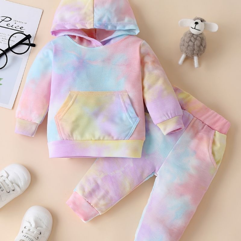 2 Stk Småbarn Baby Jenter Hettegenser Tie Dye Langermet Pullover Genser Og Buksesett Barneklær