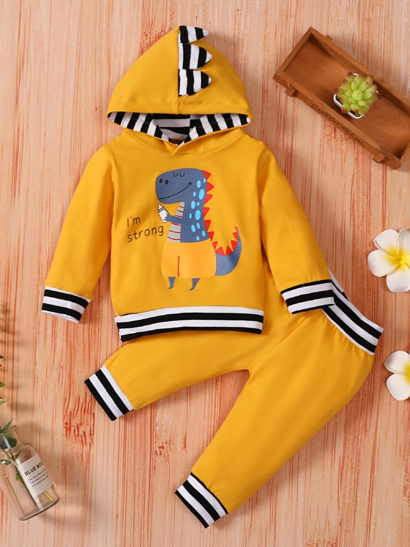 Baby Gutter Dinosaur Print Langermet Hettegenser Sweatshirt & Bukser Set