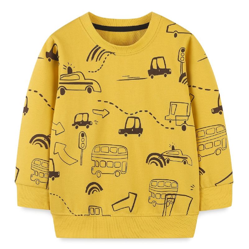 Baby Gutter Pullover Søt Tegneseriebiltrykk Med Rund Hals Langermet Sweatshirt Overdeler Barneklær