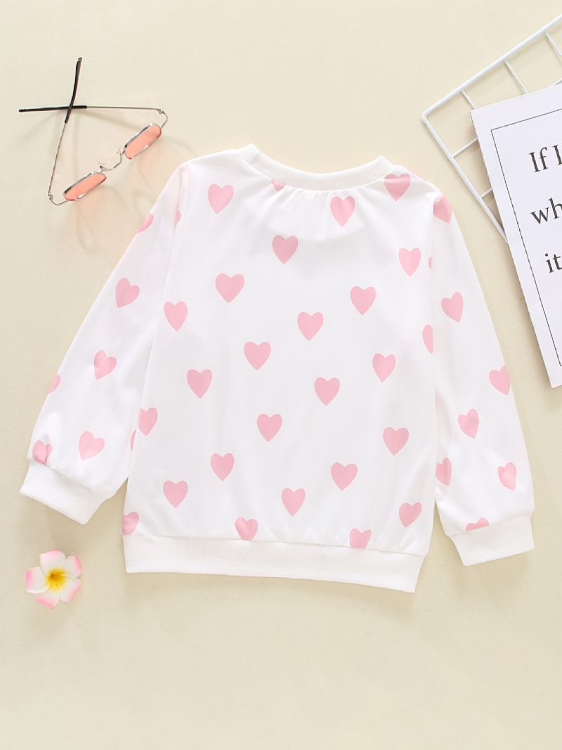 Baby Jenter Pullover Heart Print Crew Neck Langermet Sweatshirt Topp Barneklær