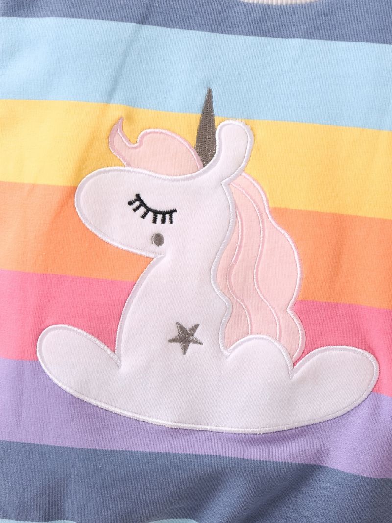 Baby Jenter Pullover Regnbue Stripet Unicorn Brodert Rund Hals Langermet Sweatshirt Overdeler Barneklær