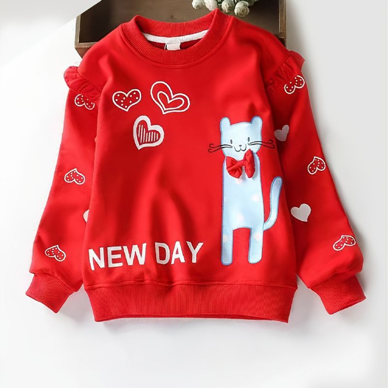 Barnejenter Cat Heart Print Pullover Rundhals Langermet Sweatshirt Barneklær