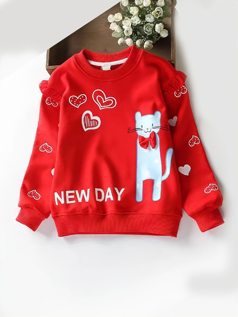 Barnejenter Cat Heart Print Pullover Rundhals Langermet Sweatshirt Barneklær