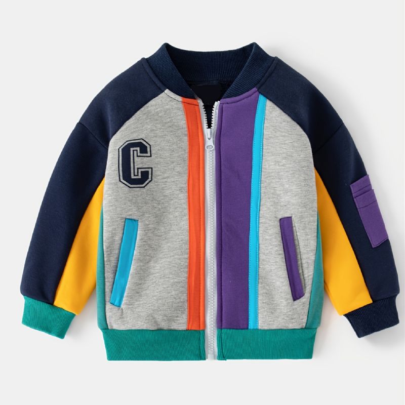 Gutter Casual Letter Kontrast Stativ Krage Glidelås Fleece Baseball Frakk Jakke Høst Vinter