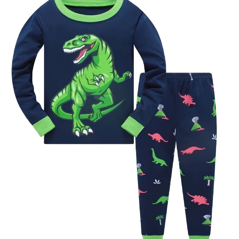 Gutter Uformelt Pyjamassett Med Rund Hals Lounge Wear Homewear Langermet Topp Og Matchende Buksersett Med Dinosaurtrykk