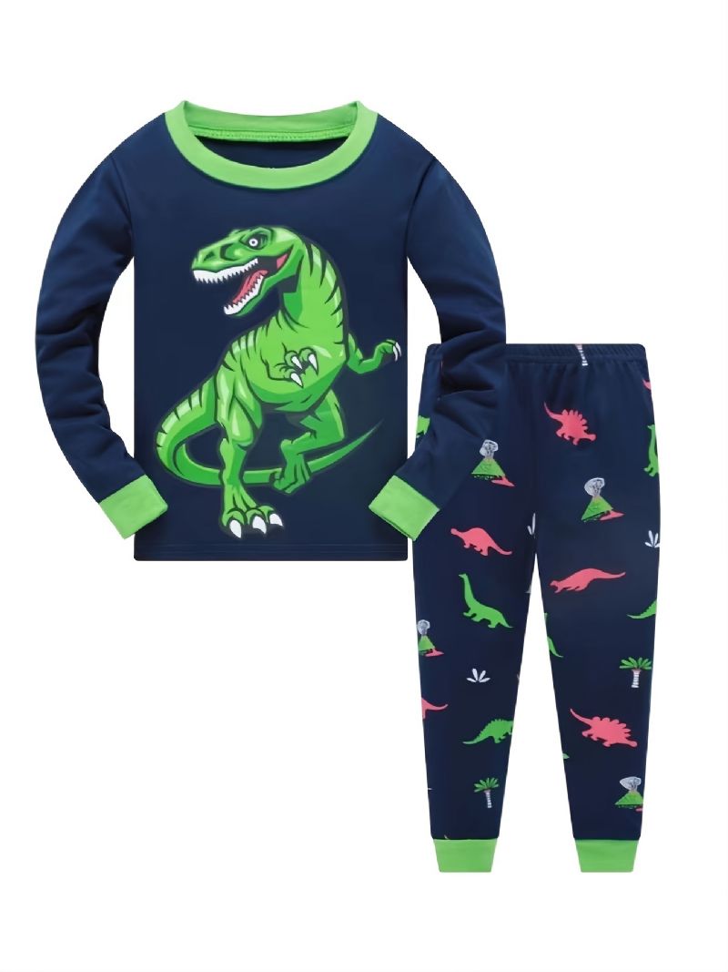 Gutter Uformelt Pyjamassett Med Rund Hals Lounge Wear Homewear Langermet Topp Og Matchende Buksersett Med Dinosaurtrykk