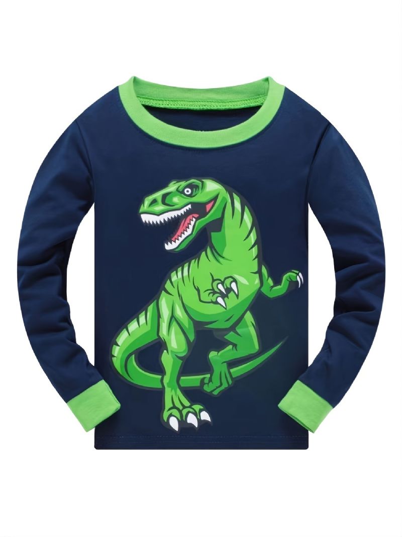 Gutter Uformelt Pyjamassett Med Rund Hals Lounge Wear Homewear Langermet Topp Og Matchende Buksersett Med Dinosaurtrykk