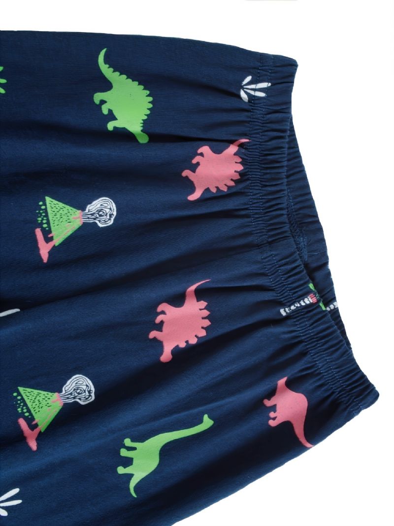 Gutter Uformelt Pyjamassett Med Rund Hals Lounge Wear Homewear Langermet Topp Og Matchende Buksersett Med Dinosaurtrykk