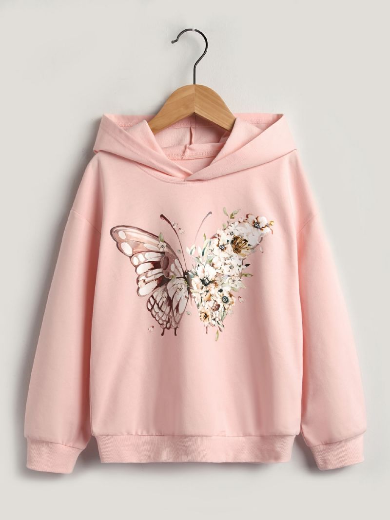 Jenter Casual Butterfly Print Rosa Langermet Hettegenser Med Rund Hals