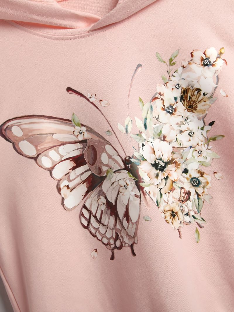 Jenter Casual Butterfly Print Rosa Langermet Hettegenser Med Rund Hals