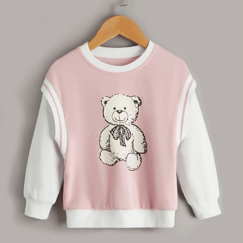 Jenter Casual Cartoon Bear Print Langermet Genser Med Rund Hals