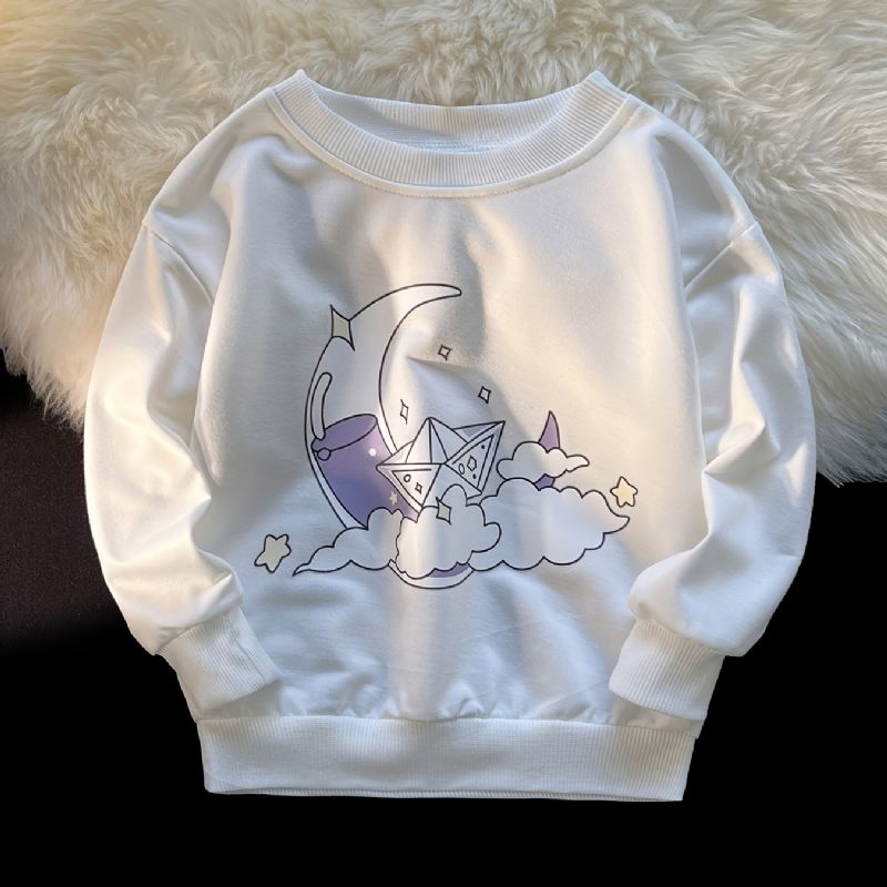 Jenter Pullover Cute Clouds Moon Print Langermet Sweatshirt Topper Barneklær