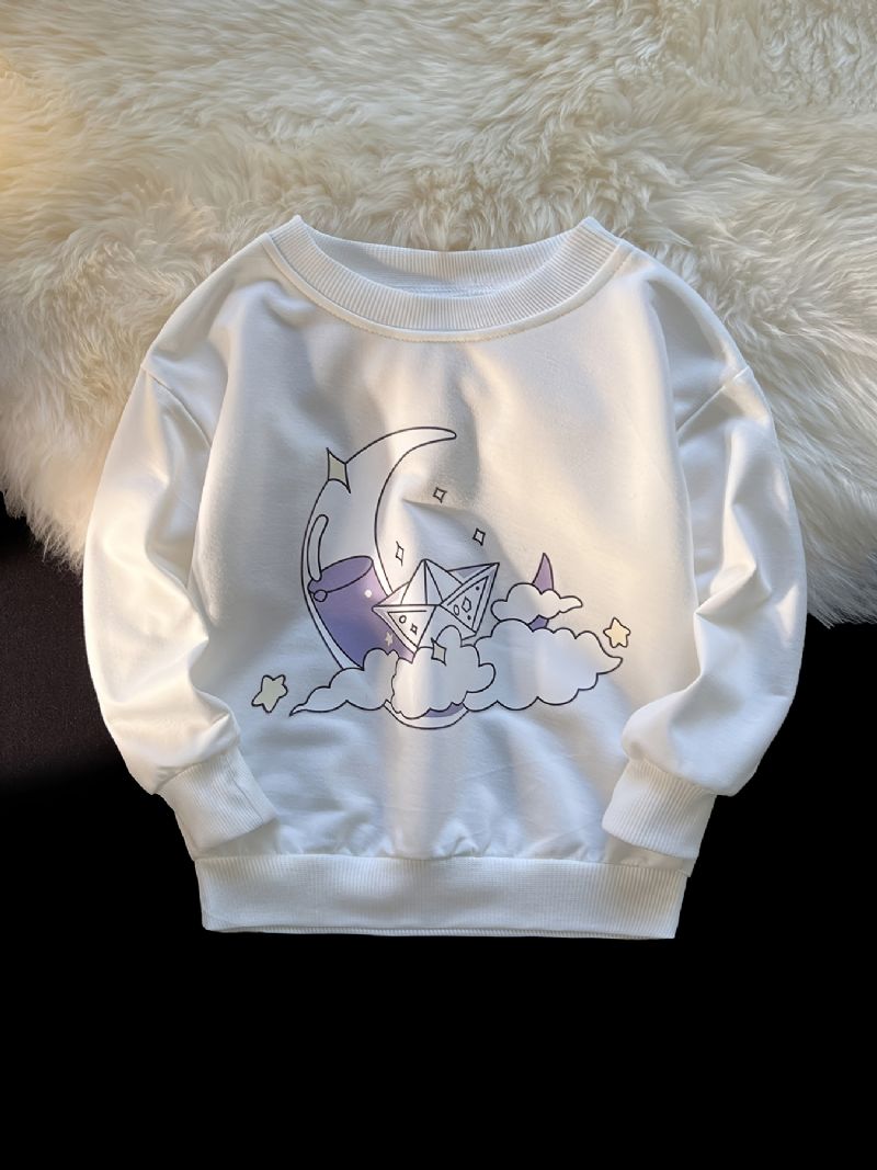 Jenter Pullover Cute Clouds Moon Print Langermet Sweatshirt Topper Barneklær