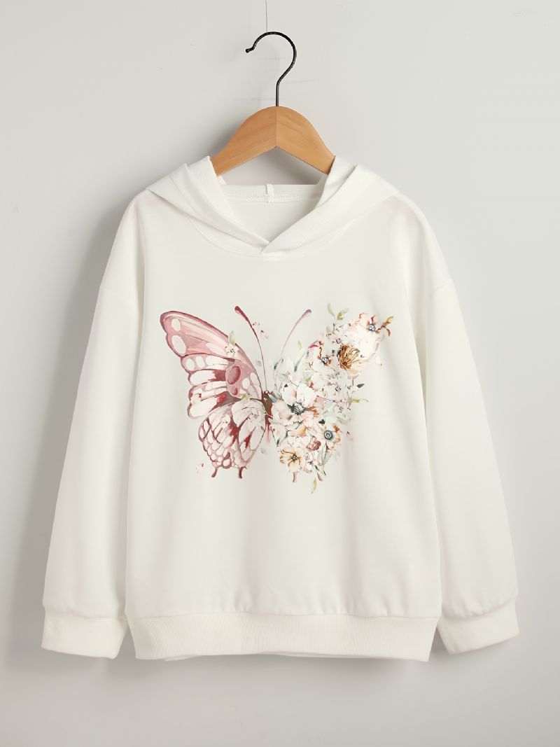 Jenter White Butterfly Animal Print Langermet Pullover Hettegenser Klær