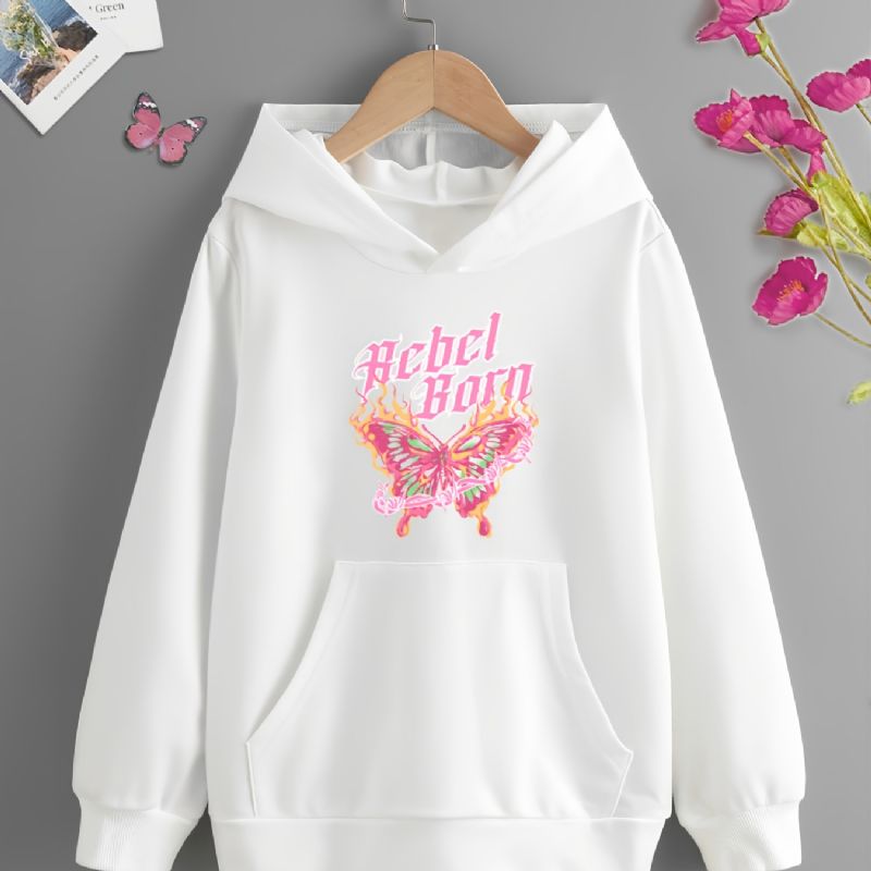 Nye Jenter Casual Fasjonable Butterfly Printed Langermet Hettegenser Sweatshirt