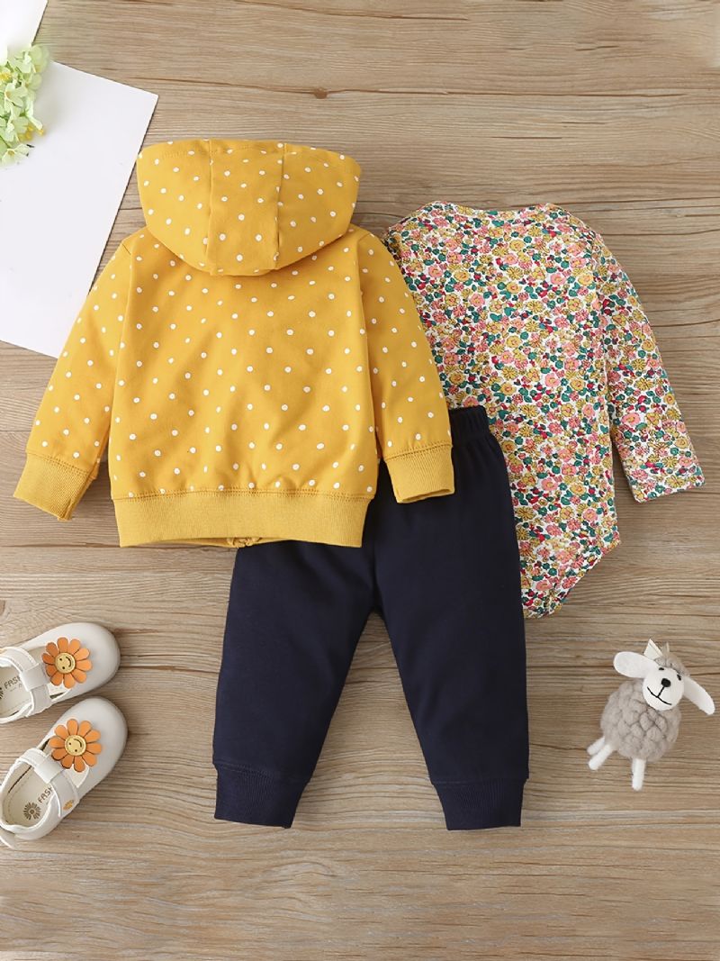 Nyfødte Jenter Floral Bodysuit & Lange Joggebukser & Polka Dot Blomstermønster Langermet Hettegenser Lomme Glidelås Sweatshirt Antrekk 3stk/sett