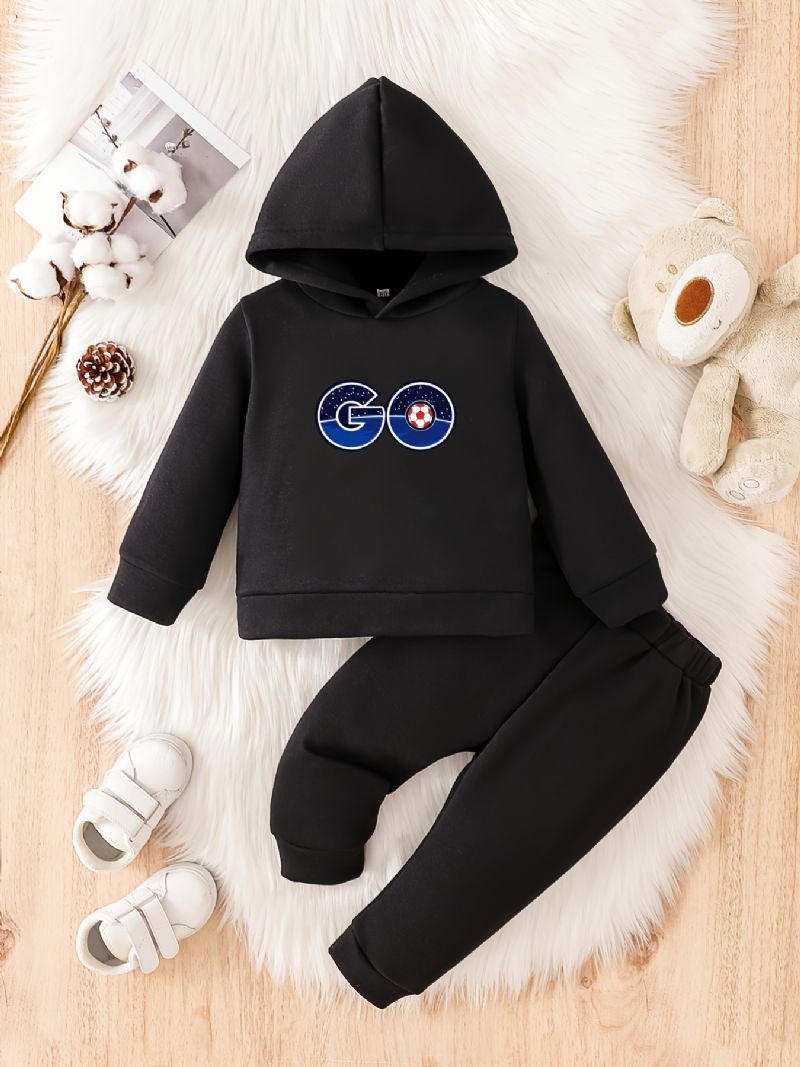 Småbarn Baby Go Print Fleece Varm Hettegenser Sweatshirt Bukser Sett For Gutter Jenter Høst Vinter