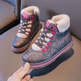 Jenter Fleece Snøstøvler Leopard High Top Canvas Sko Side Glidelås Sneakers For Vinter