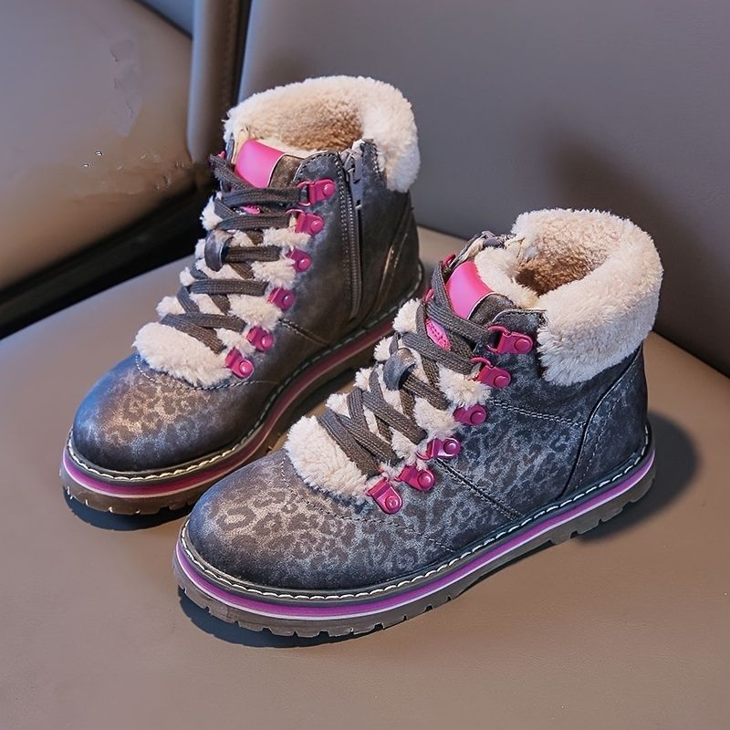 Jenter Fleece Snøstøvler Leopard High Top Canvas Sko Side Glidelås Sneakers For Vinter