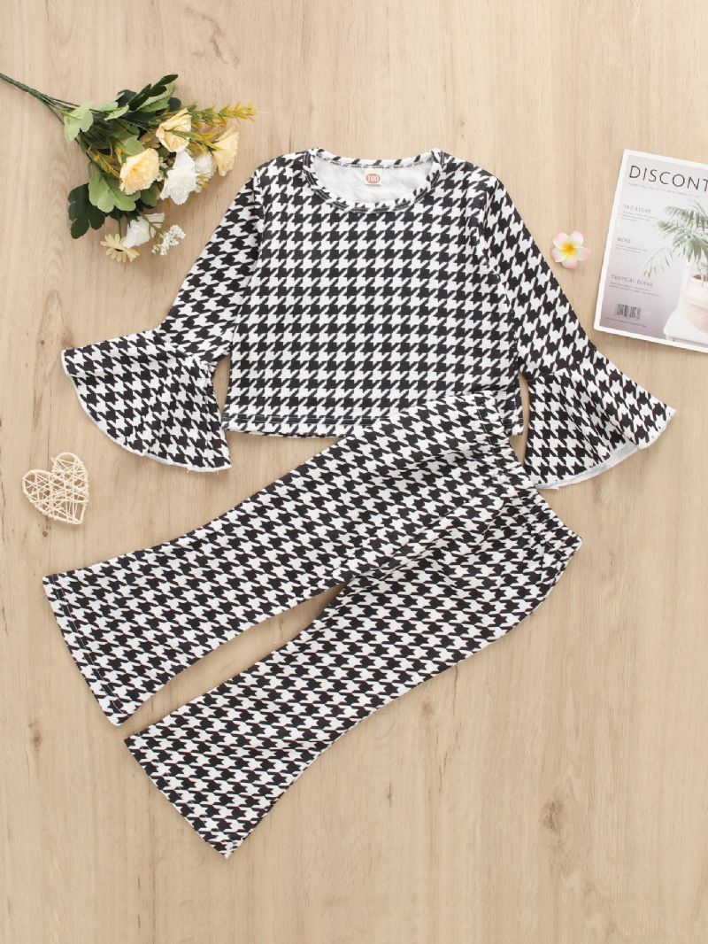 2 Stk Jenter Langermet Houndstooth Print Flare Sleeve Bukser