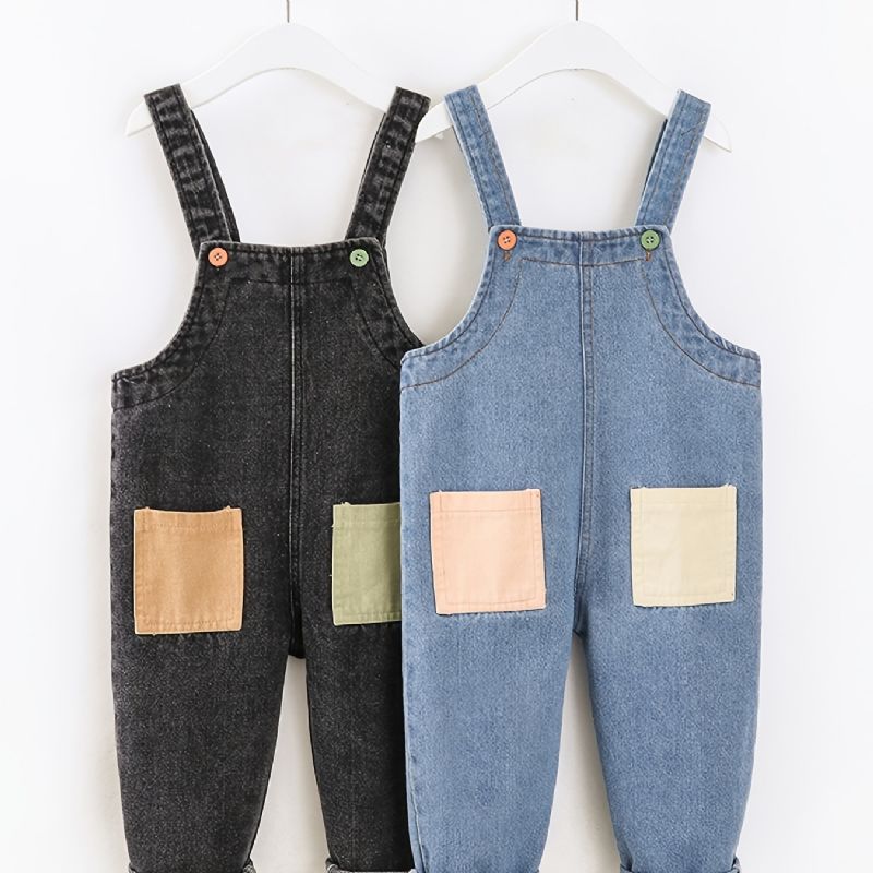 Baby Gutter Casual Vintage Denim Suspendelbukser Med Sømlommer For Vinteren