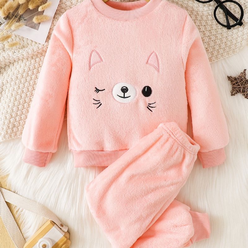 Baby Gutter Jenter Cartoon Cat Langermet Crew Neck Varm Fleece Topp Og Bukser Pyjamassett