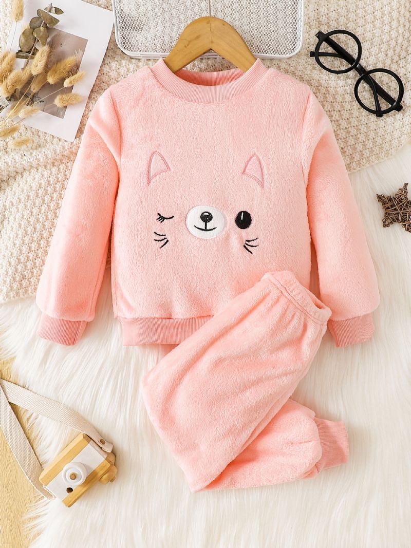 Baby Gutter Jenter Cartoon Cat Langermet Crew Neck Varm Fleece Topp Og Bukser Pyjamassett